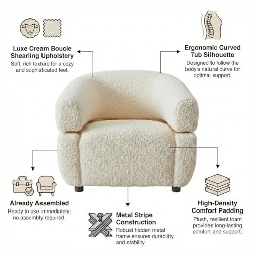 Image of Kingsman Furnitures Krillin Luxury Cream Shearling Tub Arm Chair | Modern Accent Lounge Chair with Gold Stainless Steel Detail, Plush Boucle | Upholstery, Wooden Legs (Cream Boucle)