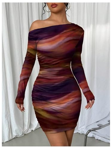 Image of RoseSeek Women's Off Shoulder Ombre Tie Dye Bodycon Dress Long Sleeve Slim Fit Pencil Mini Dresses