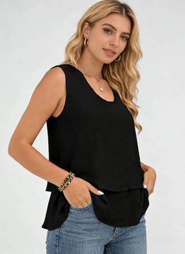 Image of Summer Tops for Women Flowy Chiffon Sleeveless Blouses White Tank Top Woman Ladies Crewneck Double Layers Strap Shirt
