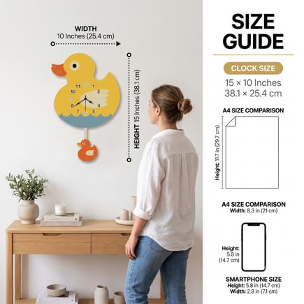 Image of Personalised with Your Name, Ducky Design Pendulum Wall Clock for Kids Room, Decorative Analog Timepiece with Swinging Element, Cute Bird Theme Home Accent for Bedroom, Nursery, Playroom