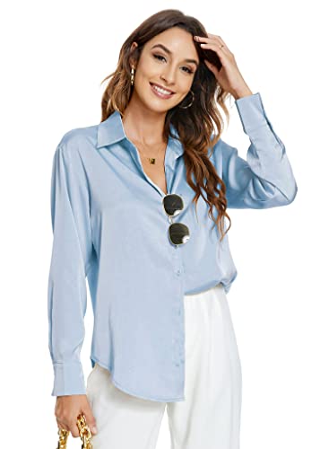Atnlewhi Womens Long Sleeve Button Down Satin Silk Shirts Casual Business Office Dress Shirts Blouses