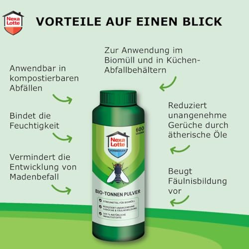 Nexa Lotte Bio-Tonnen Pulver, 600g - gegen Gerüche & Maden mit ätherischen Ölen, kompostierbar, für Küchenabfälle geeignet