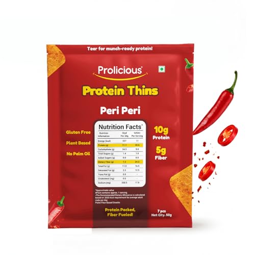Image of Prolicious Thins Peri Peri High Protein Chips | Upgrade Your Snacking | 10g Protein + 5g Fibre | Same Crunch, Snack Smarter | Plant Based, Gluten Free | No Palm Oil | 50g