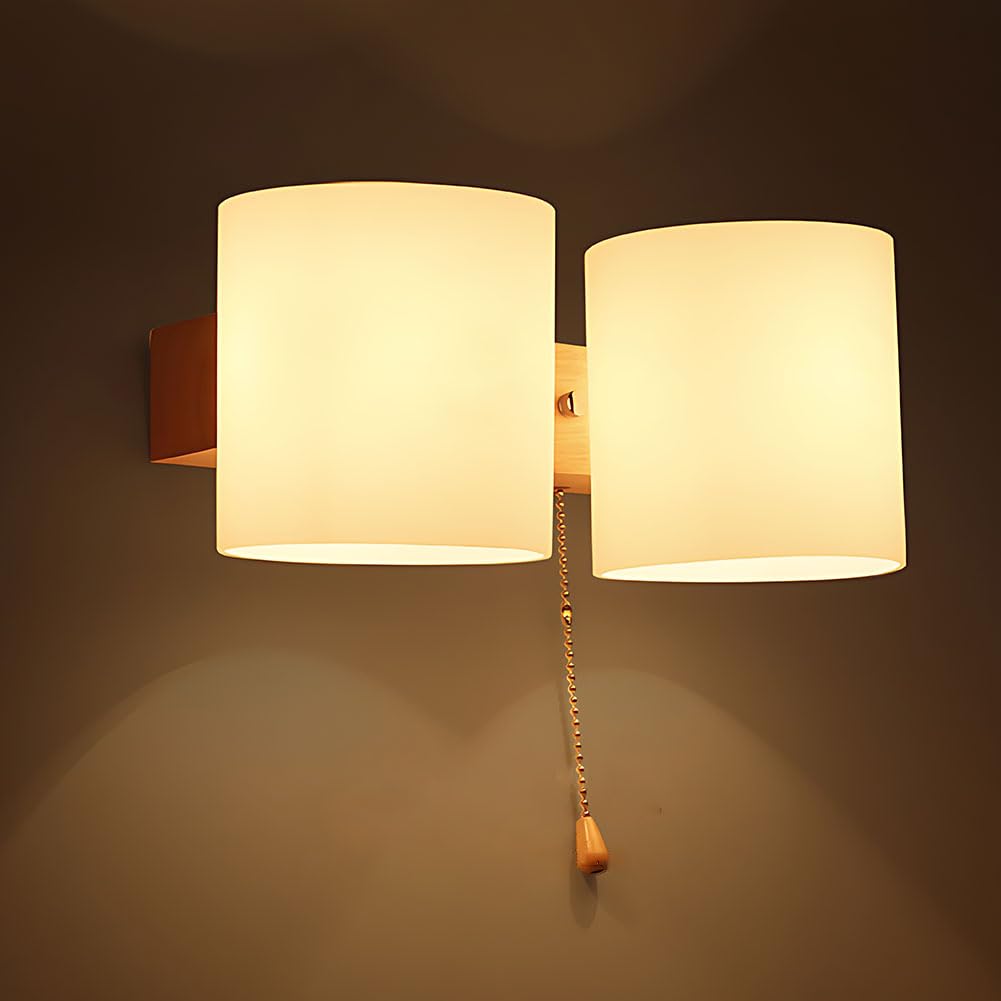 Holz Wandlampe Glasschirm mit Zugschalter 2 Flammig Innen Wandlichte mit Schalter Runde Schlafzimmer Nachttischlampe Glas Lampenschirm Wandleuchte Moderne E27 für Treppe Flur Wohnzimmer