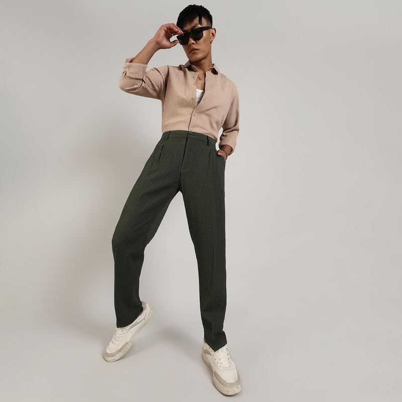 Image of CAHOOT Men's Forest Green Textured Graph Check Trousers for Casual Wear | Tailored Fit | Mid-Rise | Button Closure | Trousers Crafted with Comfort Fit for Everyday Wear