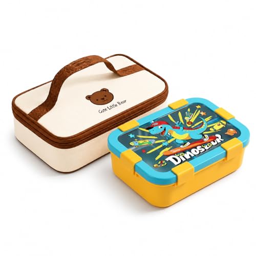 Image of Motka Kids 700 ML Lunch Box Set with Insulated Lunch Bag | 3 Compartments BPA Free Leakproof, Bento Snack Container for School, Travel & Picnic | Cute Cartoon Design for Boys & Girls (Yellow)