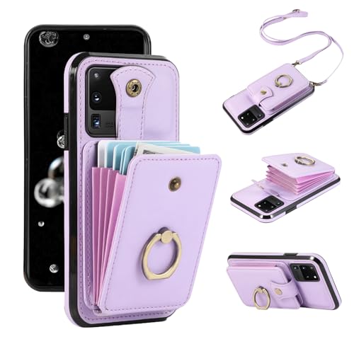 Cover per Samsung Galaxy S20 Ultra 5G con Cordino Laccio Pelle Porta Carte Anello Supporto Protettivo Protezione TPU Silicone Antiscivolo Rinforzata S20Ultra5G S20 S20Ultra Custodia Case Viola