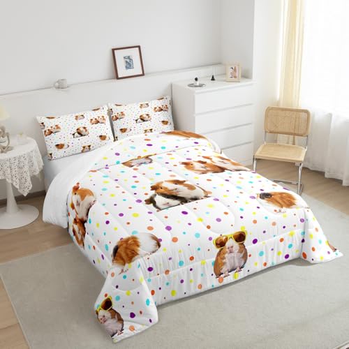 Image of Feelyou Guinea Pig Bedding Set for Girls Boys Children Cute Cavy Pattern Comforter Decorative Cartoon Lovely Pet Animal Comforter Set Toddler Size Colorful Polka Dots Duvet Set 2Pcs Sets