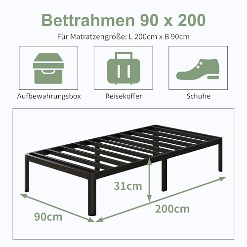 Metallbett 90x200 cm mit Runde Eckbeine, Höhe 30.5cm Bett mit Lattenrost, Robust Metall Bettgestell 90 x 200 mit Großer Stauraum unter dem Bett, Geräuschfrei, Einfacher Aufbau, Schwarz – Bild 3
