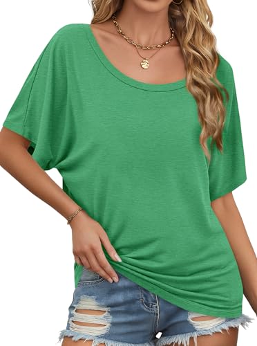 Image of Hilinker Womens Sexy Off The Shoulder Tops Short Batwing Sleeve T Shirt Oversized Casual Tee Green Medium