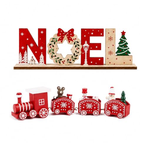 Decoration Noel, Deco Noel, Train de Noël et Lettres NOEL en Bois, 2 Pièces