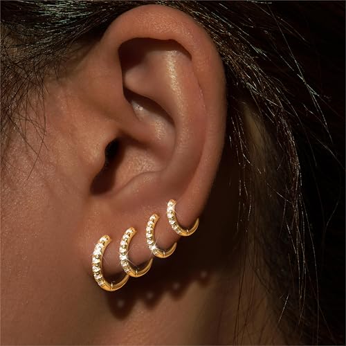 Image of Small Gold Huggie Hoop Earrings Set for Women Men Hypoallergenic 14K Plated Stack Cartilage Earrings, Sterling Silver Multiple Piercing Lightweight Mini Thin Cute Dainty Trendy Jewelry Gifts for Women