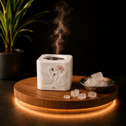 Image of Shivansh Technology Incense Holder Electric Kapoor Dani Camphor Diffuser Burner for Home | Karpuram Bakhoor Oud Aroma Oil & Dhoop Machine | Essential Oil Diffuser for Home (White) (Swan Romance)