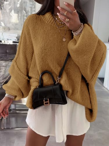 Image of Saodimallsu Womens Oversized Sweaters Mock Neck Batwing Long Sleeve 2026 Fall Trendy Ribbed Knit Casual Tunic Sweater