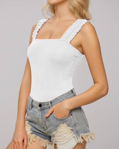 Image of MANGOPOP Tank Tops Bodysuit for Women Square Neck Sleeveless Ruffle Elastic Straps body suit shirts, White, XX-Large