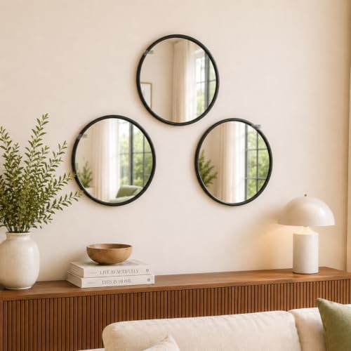 Image of Round Wall Mirror in Gold I Metal Frame Mirror I Modern Design Metal Frame Mirror in Medium Size I Bathroom Wash Basin, Bedroom, Drawing Room (Black 16 inch)