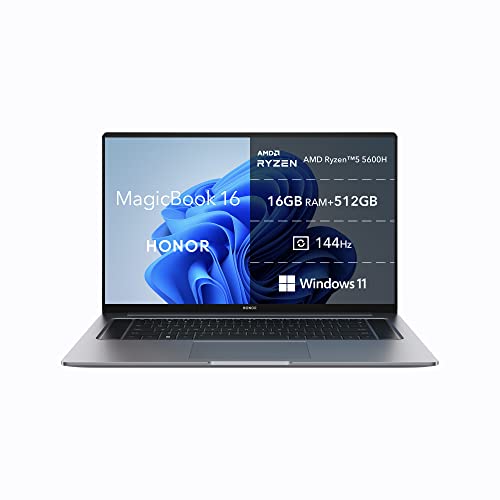 HONOR MagicBook 16 ordenador portatil (Pantalla FullView IPS FHD de 16,1 Pulgadas de 144Hz, AMD Ryzen 5600H, 16GB RAM, 512GB SSD), Cuerpo metálico, Sensor Huella, WiFi 6, Teclado Español, WIN11-Gray