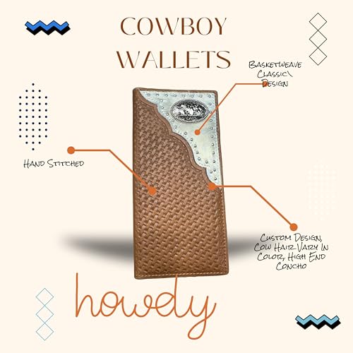 Men’s Long Leather Wallet – Hair-On Cowhide with Cowboy Praying Concho and Basketweave Tooled Design – Rodeo Bifold Checkbook Wallet for Christian Cowboys & Ranchers4