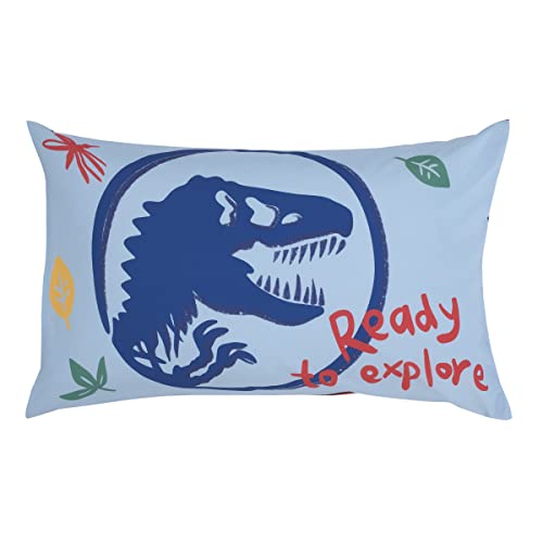 Image of NoJo Universal Jurassic World Wild and Free Blue, Green, and Yellow Dinosaur 4 Piece Toddler Bed Set - Comforter, Fitted Bottom Sheet, Flat Top Sheet, Reversible Pillowcase