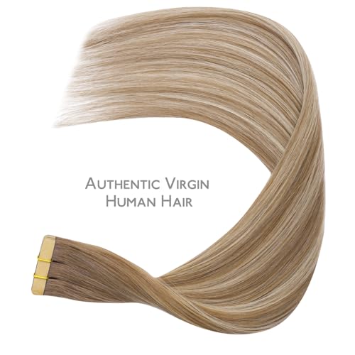 Image of WENNALIFE Tape in Hair Extensions Human Hair Balayage Dirty Blonde with Platinum Ends Tape in Extensions, 10pcs 20g 10 inch Remy Invisible Tape Ins Straight Colored Soft Refill Set