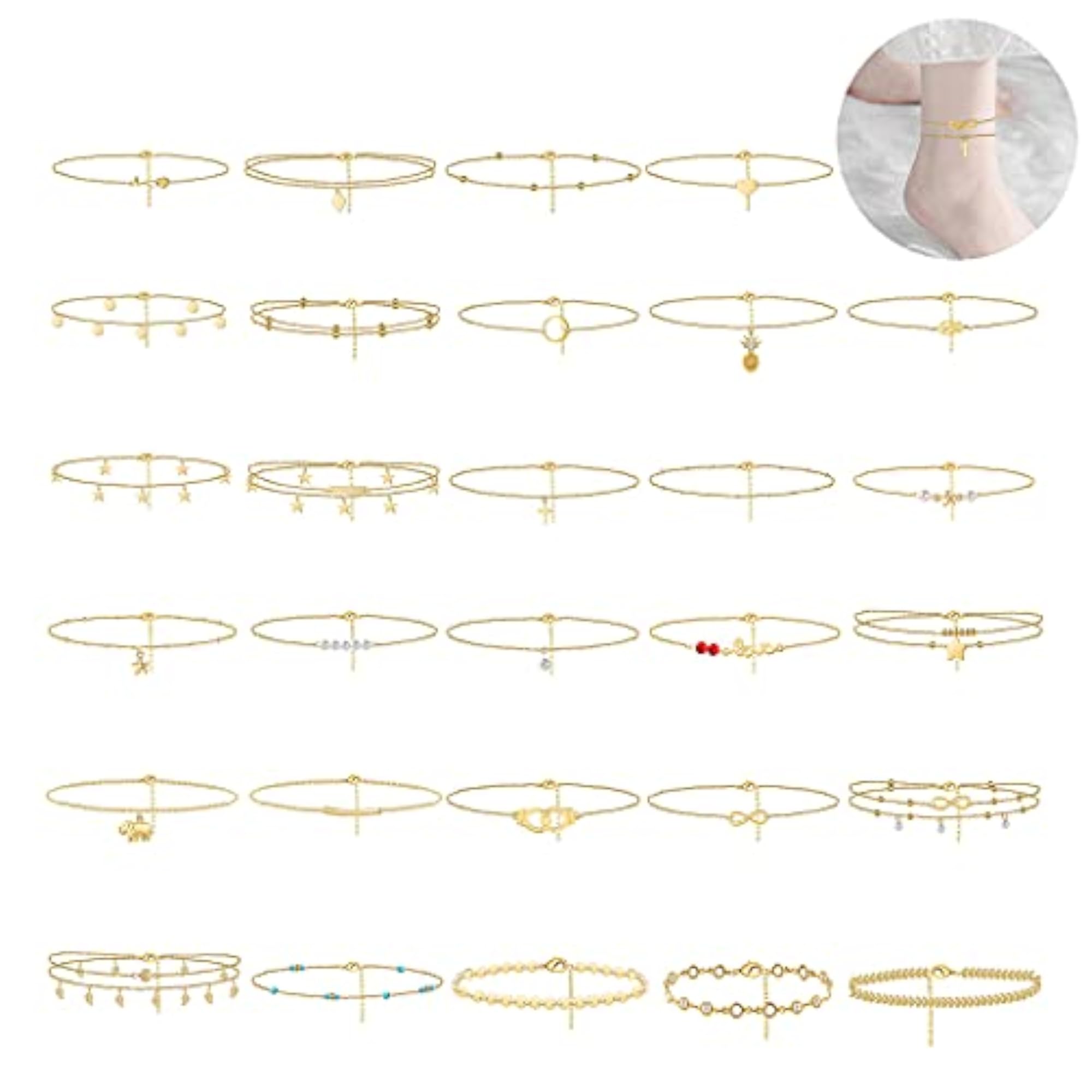 30pcs Adjustable Alloy Bead Ankle Bracelets Set
