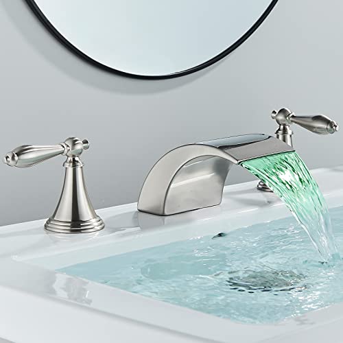 Cfeoerf Bathroom Faucet LED Bathroom Sink Faucet 3 Hole 8 Inch Basin Mixer Tap Waterfall Bathroom Faucet Led Brushed Nickel