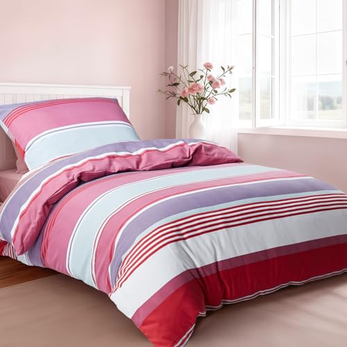 HENGWEI Juego de ropa de cama de 135 x 200 cm, 2 piezas, extrasuave, multicolor, ropa de cama para microfibra, funda nórdica con funda de almohada de 80 x 80 cm, rayas rojas y blancas
