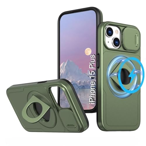 Image of LuxuryKase MagSafe Shockproof Rugged Back Case for iPhone 15 Plus | Finger Ring Kickstand & Sliding Camera Cover | Military Drop Protection | Wireless Charging Support - Green