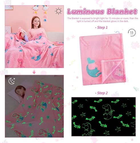 Image of TONY STARK ULTRAAGLOW Glow in The Dark Blanket for Kids (0-15 Years, 200x152 Cm) Soft Flannel Fleece Throw, Cozy & Warm All-Season Radium Blanket for Boys & Girls (Pink Mermaid Moonbeam)