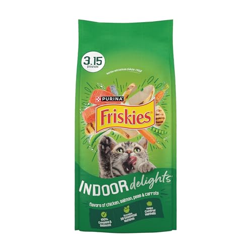 Purina Friskies Dry Cat Food Indoor Delights Flavors of Chicken Salmon Peas and Carrots - (Pack of 4) 3.15 lb. Bags