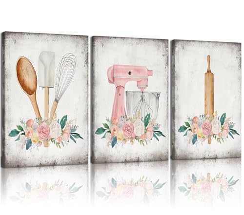 Doqueodas 3Pcs Farmhouse Pink Floral Baking Theme Canvas Framed Wall Art, Vintage Country Kitchen Poster Print Home Cooking Comfortable Lifestyle Images Suitable For Dining Room Wall Decor 12X16 Inch