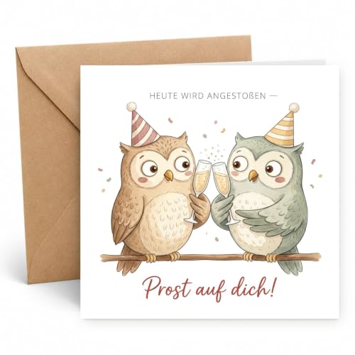 Edition Seidel Premium Carte d'anniversaire carrée avec enveloppe. Carte de vœux allemand pour Homme Femme Ami Amie Hiboux champagne Santé (GQ1113 SW026)