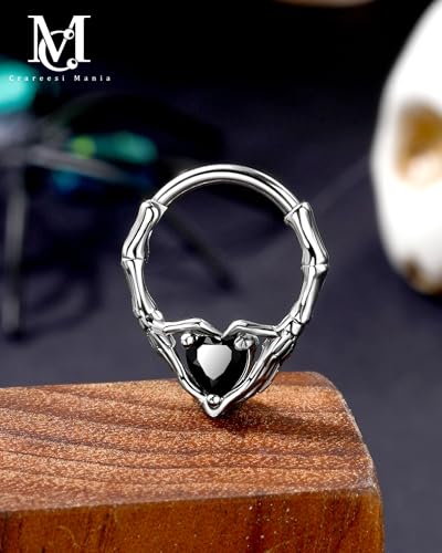 CM Crareesi Mania Skeleton Hand Septum Ring 316L Surgical Steel Septum Piercing Jewelry 16G Heart CZ Daith Earrings 10mm Gothic Helix Cartilage Piercing Jewelry for Halloween4