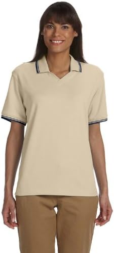 Devon & Jones Women's Johnny Collar Perfect Polo Shirt, STONE/NAVY, Medium
