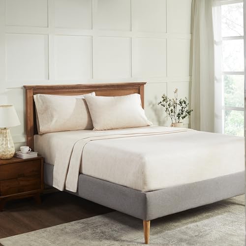 Image of Superior Melange Flannel Cotton Sheet Set, Ultra-Soft Textured Sheets, Modern, Farmhouse Bedding, Basics, Includes; Flat Sheet, Elastic Deep Pocket Fitted Sheet, Pillowcases, Twin, Beige
