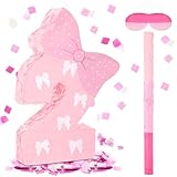 VioraWhite Number 2 Piñata Pink Two Piñata with Bow 2nd Birthday Decorations with Stick Blindfold for Girls Birthday Decoration Anniversary Supplies