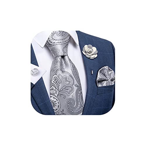 Image of DiBanGu Silk Ties for Men Necktie and Lapel Pin Brooch Set Formal Woven Paisley Plaid Striped Solid Tie Wedding Party