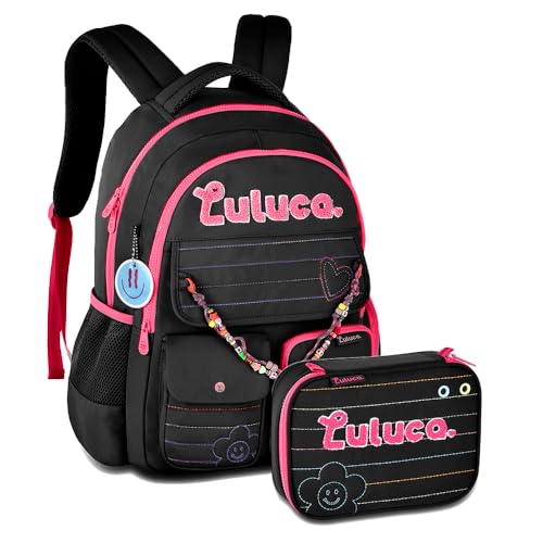 Kit Mochila Luluca Escolar com Estojo 36 Elásticos Pandinhas Youtuber Coleção 2025 (LU24611 Preto)