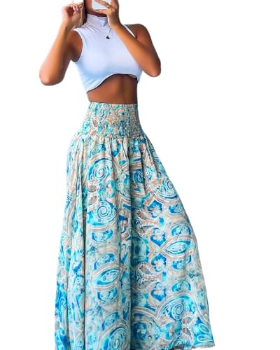 Women's Vintage Boho Maxi Skirts Paisley Floral Print Shirred Elastic High Waist Wide Leg Pants for Vacation Beach