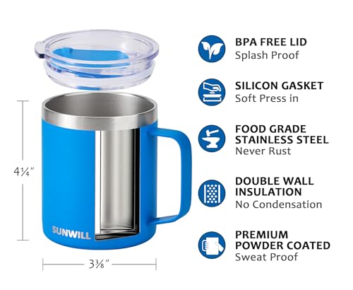 Image of SUNWILL Insulated Coffee Mug with Lid, Travel Tumbler with Handle, 14 oz Stainless Steel Cup for Camping, Office, Home, Powder Coated Royal Blue