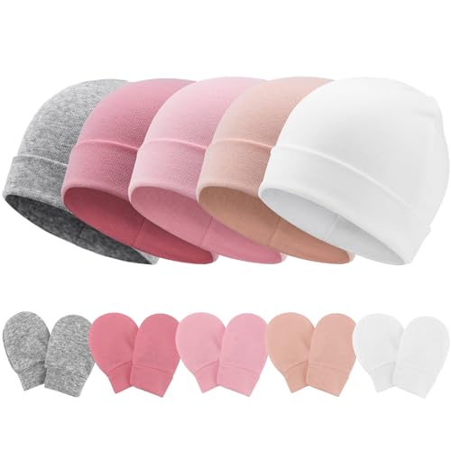 Image of AQOKKA Baby Hats and Mittens Set Toddler Cotton Beanie Infant Cap No Scratch Gloves Newborn Hospital Hats