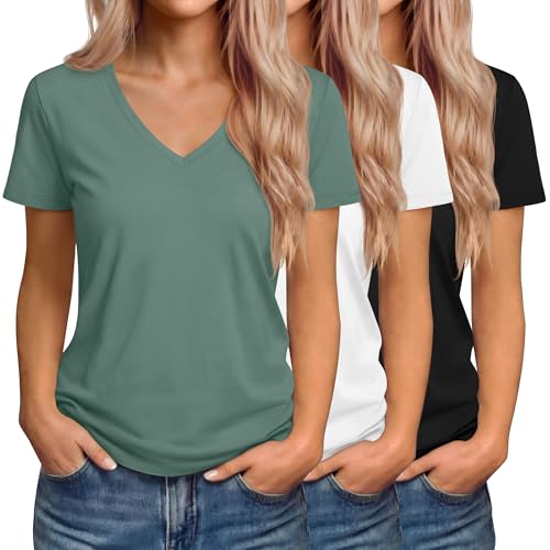 Riyiper 3 Pack Women's T-Shirts V Neck Summer Trendy Short Sleeve Casual Tops Spring Loose Fit Basic Straight Hem Tees