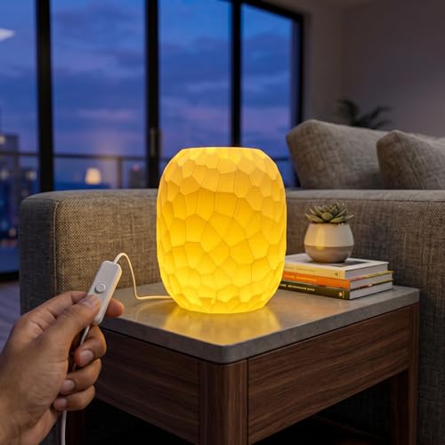Image of Modern Table Lamp with Warm Yellow 10W LED - Ambient Night Light for Bedroom, Living Room, Desk & Home Decor | Eco-Friendly Warm Glow Lamp | USB Powered (Geometric Pattern)