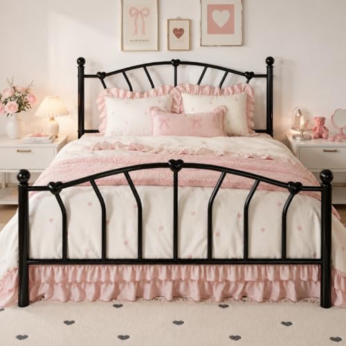 SHA CERLIN 14 Inch Full Size Metal Platform Bed Frame with Heart Shaped Iron-Art Headboard-Footboard, Under Bed Storage, Noise Free Mattress Foundation, No Box Spring Needed, Easy Assembly, Black
