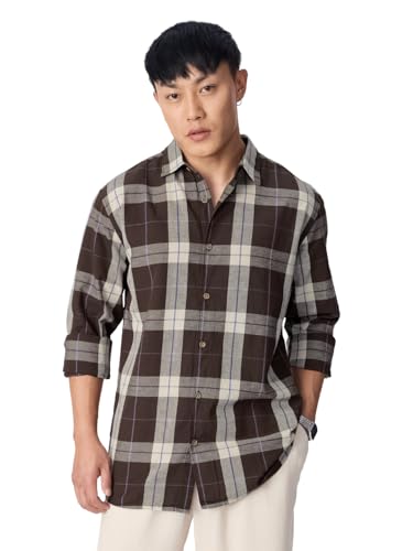 Image of The Souled Store: Blue Sails Men and Boys Long Sleeve Collared Neck Button Front Blue and Cream Checked Embroidered Regular Fit Cotton Linen Shirt