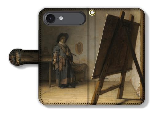 手帳型 iPhone17 Air互換 スマホケース レンブラント【世界の名画】 陰影 コントラスト ☆バロック絵画☆ 絵画 芸術 アート 美術 (アトリエにいる風景)