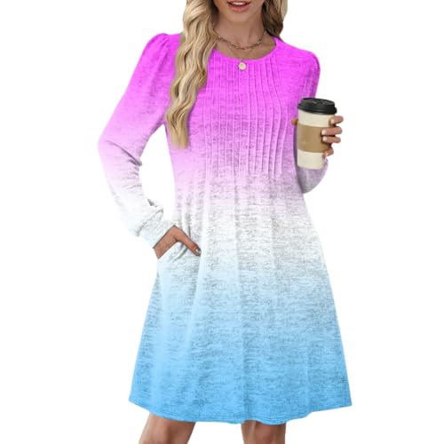 Kleider Langarm Damen, Vintage Karokleider Damen Herbst Empire-Taillen Rundhals Plissee-A-Linie mit Taschen Langarm Pulloverkleid In Kontrastfarbe...