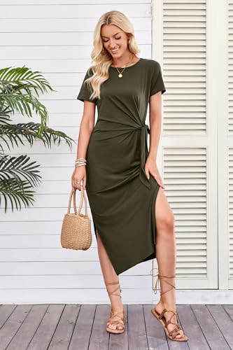 Newshows Women 2025 Summer Casual Dress Tie Waist T Shirt Short Sleeve Beach Crew Neck Slit Maxi Trendy2