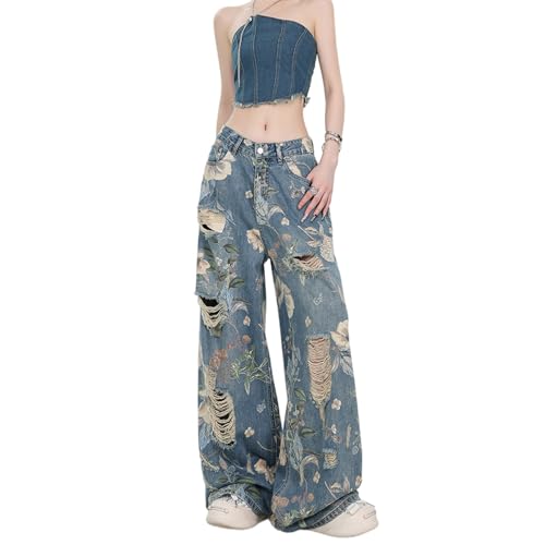 Women's Jeans, Women's Retro Floral Print with Holes, Loose Straight Leg Wide Leg Denim Pants, Y2K Jeans
