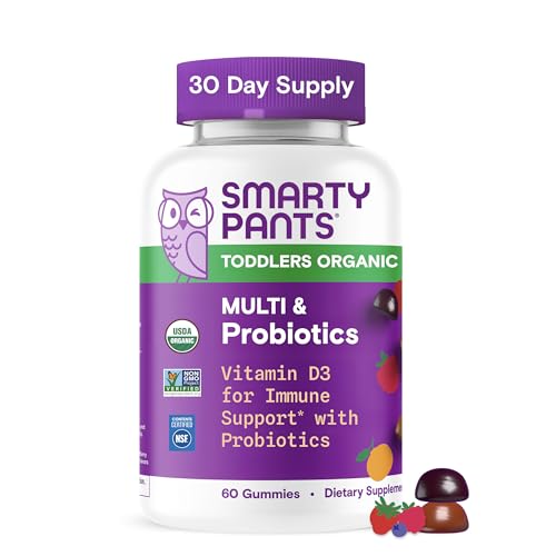SmartyPants Organic Toddler Multivitamin Gummies: Probiotics, Omega 3 (ALA), Vitamin D3, C, Vitamin B12, B6, A, K & Zinc, Beta Carotene, Gluten Free, Three Fruit Flavors, 60 Count (30 Day Supply)